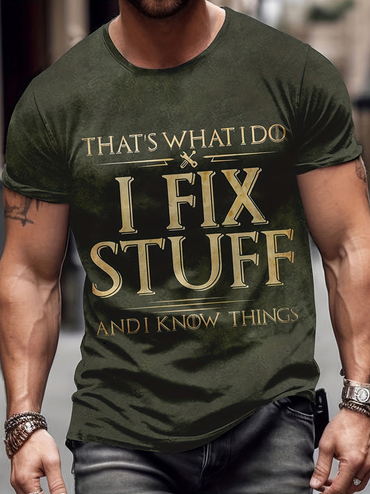 Fix Stuff Slogan 3D Digital Pattern Print Graphic Men's T-shirts, Causal Tees, Short Sleeves Comfortable Pullover Tops, Men's Summer Clothing