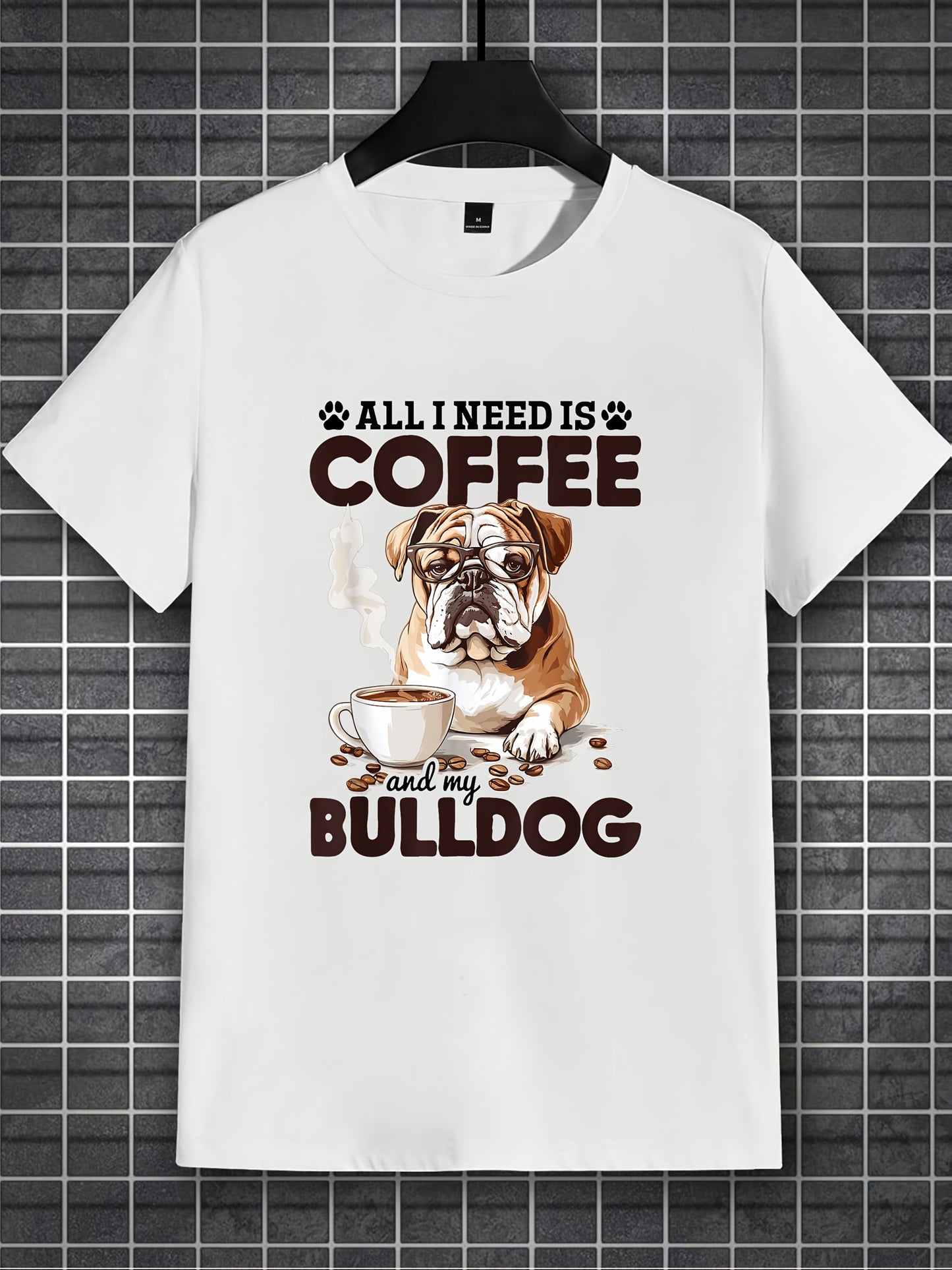 English Bulldog "All I Need Is Coffee & My Bulldog" Graphic T-Shirt - 100% Cotton Regular Fit Short Sleeve Tee for Men & Women, Casual Streetwear with 3D Print, Machine Washable, Great Gift for Dog & Coffee Lovers, Dog Tshirt