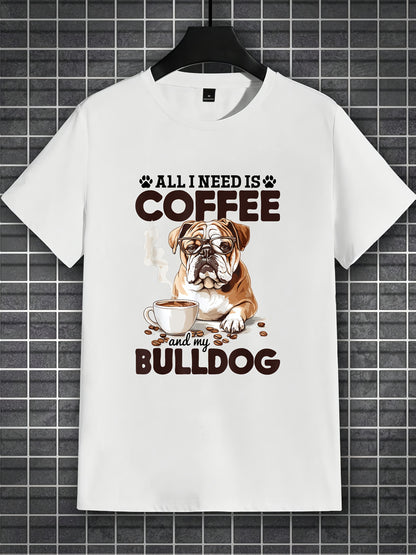 English Bulldog "All I Need Is Coffee & My Bulldog" Graphic T-Shirt - 100% Cotton Regular Fit Short Sleeve Tee for Men & Women, Casual Streetwear with 3D Print, Machine Washable, Great Gift for Dog & Coffee Lovers, Dog Tshirt