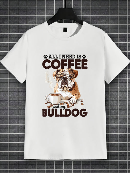 English Bulldog "All I Need Is Coffee & My Bulldog" Graphic T-Shirt - 100% Cotton Regular Fit Short Sleeve Tee for Men & Women, Casual Streetwear with 3D Print, Machine Washable, Great Gift for Dog & Coffee Lovers, Dog Tshirt