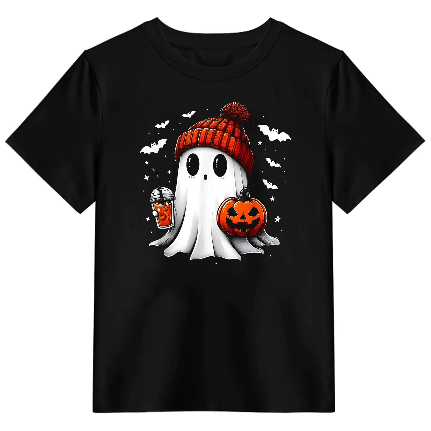 100% Cotton Short Sleeve Tee Top, "Cute Halloween Ghost Drink Pumpkin" T-Shirt for Halloween