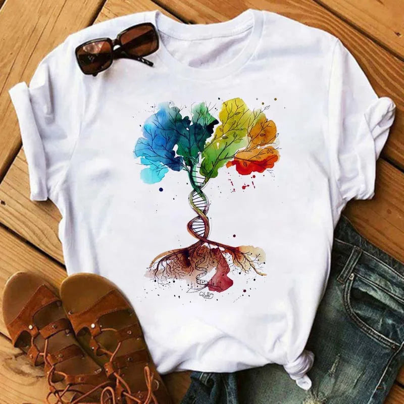 Feather Print round Neck Short Sleeve T-Shirt Women's Simple Street Style Top Polyester Fabric Comfortable Fit Summer Trend