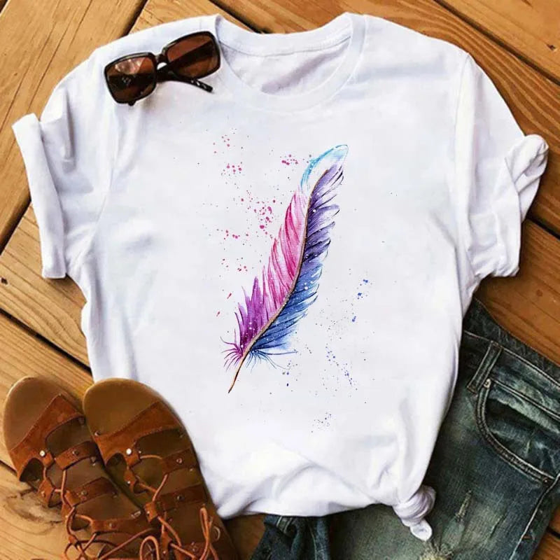 Feather Print round Neck Short Sleeve T-Shirt Women's Simple Street Style Top Polyester Fabric Comfortable Fit Summer Trend