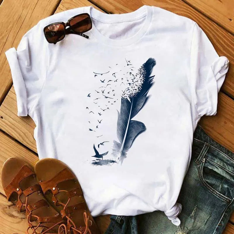 Feather Print round Neck Short Sleeve T-Shirt Women's Simple Street Style Top Polyester Fabric Comfortable Fit Summer Trend