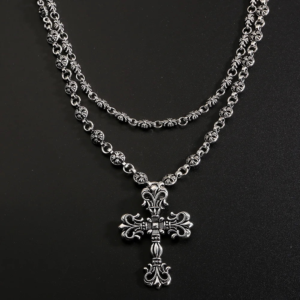 Layered Gothic Cross Necklace – Silver