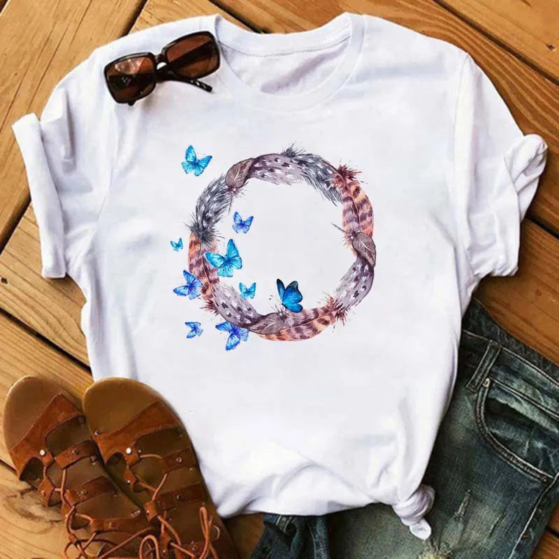 Feather Print round Neck Short Sleeve T-Shirt Women's Simple Street Style Top Polyester Fabric Comfortable Fit Summer Trend