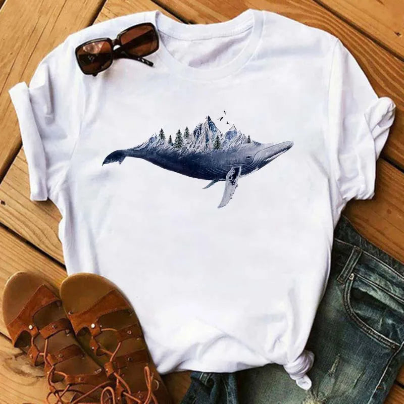 Feather Print round Neck Short Sleeve T-Shirt Women's Simple Street Style Top Polyester Fabric Comfortable Fit Summer Trend