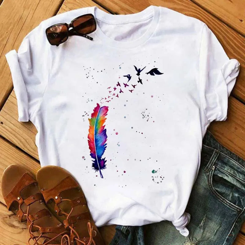 Feather Print round Neck Short Sleeve T-Shirt Women's Simple Street Style Top Polyester Fabric Comfortable Fit Summer Trend
