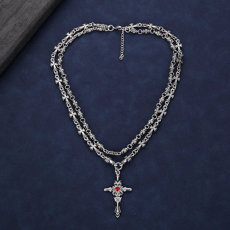 Layered Gothic Cross Necklace – Silver