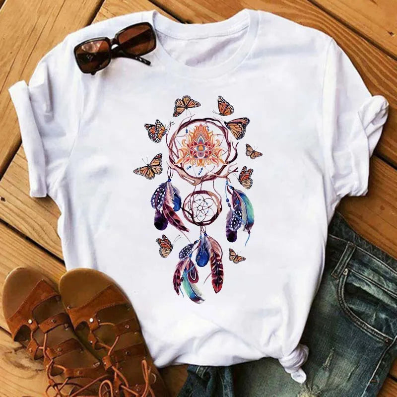 Feather Print round Neck Short Sleeve T-Shirt Women's Simple Street Style Top Polyester Fabric Comfortable Fit Summer Trend