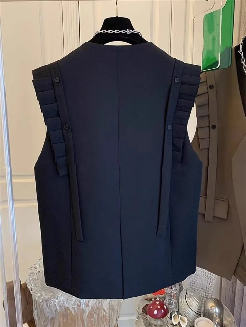 2024 Spring New Vest for Women Coat V-neck Sleeveless Oversized Tops Patchwork Ruffles Casual Waistcoat Fashion Korean Tanks