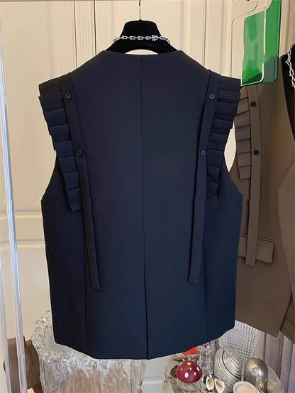 2024 Spring New Vest for Women Coat V-neck Sleeveless Oversized Tops Patchwork Ruffles Casual Waistcoat Fashion Korean Tanks
