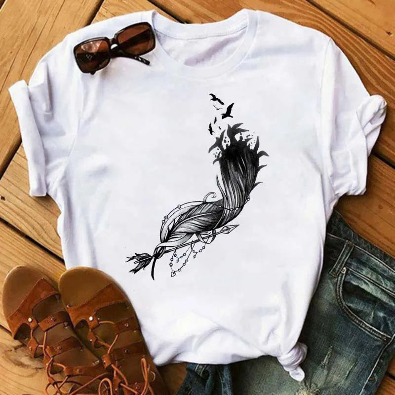 Feather Print round Neck Short Sleeve T-Shirt Women's Simple Street Style Top Polyester Fabric Comfortable Fit Summer Trend