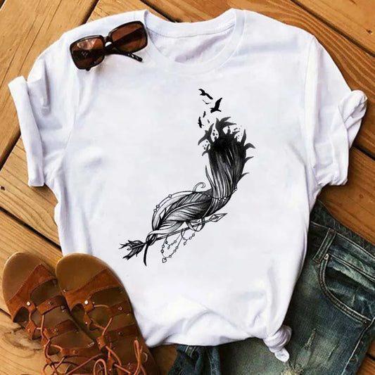 Feather Print round Neck Short Sleeve T-Shirt Women's Simple Street Style Top Polyester Fabric Comfortable Fit Summer Trend