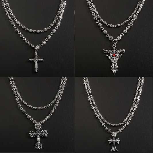 Layered Gothic Cross Necklace – Silver
