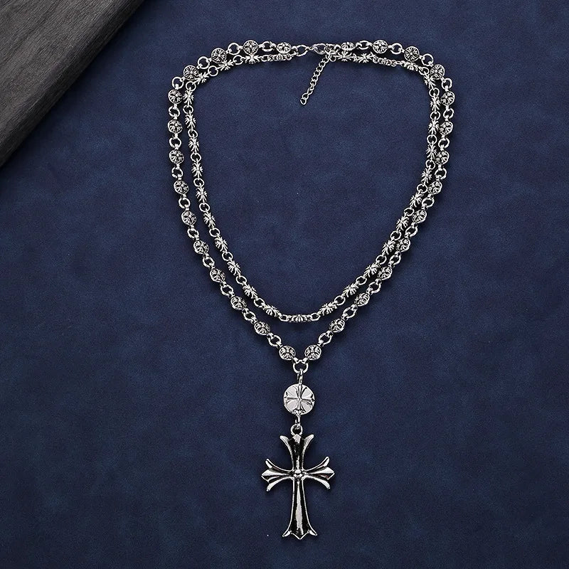 Layered Gothic Cross Necklace – Silver