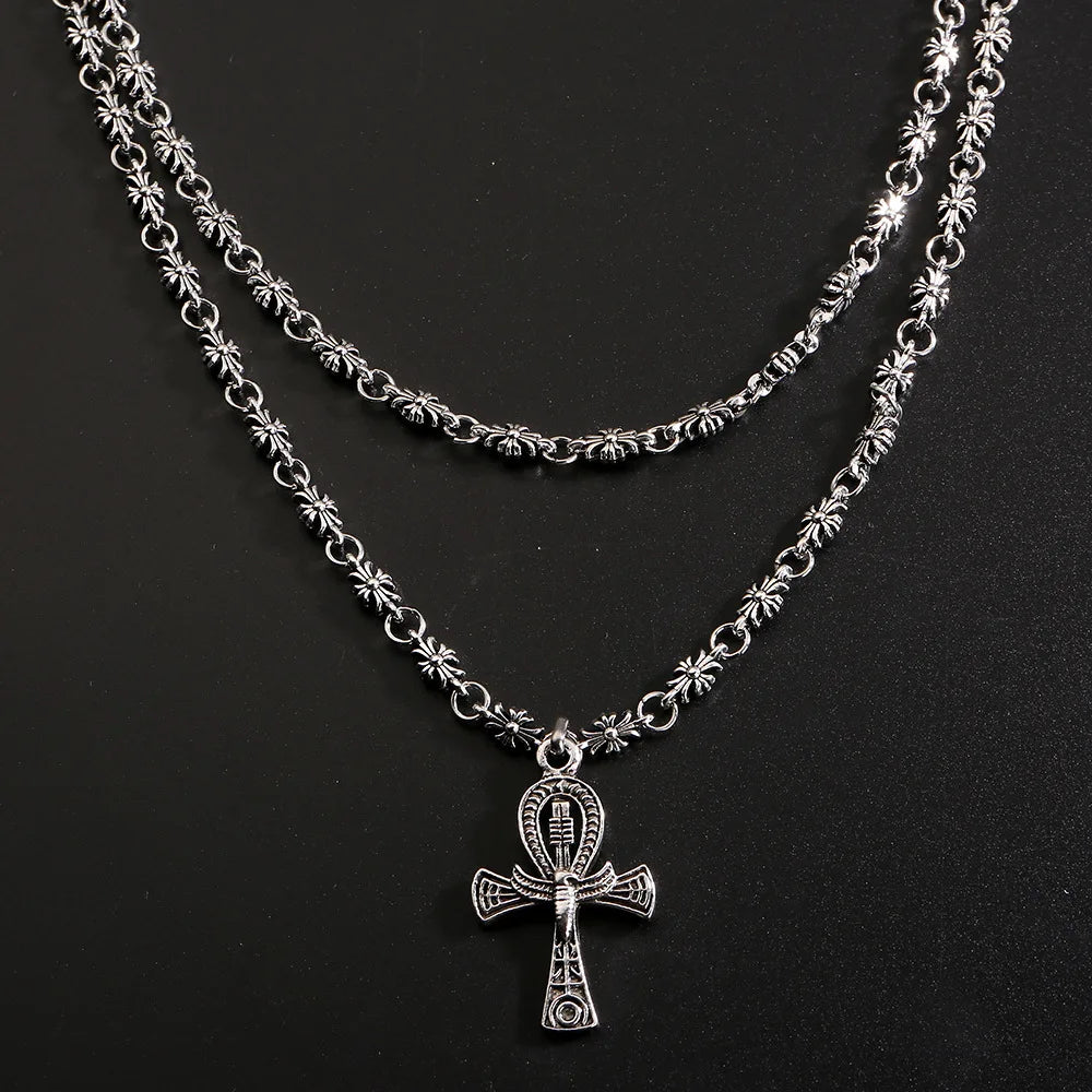 Layered Gothic Cross Necklace – Silver