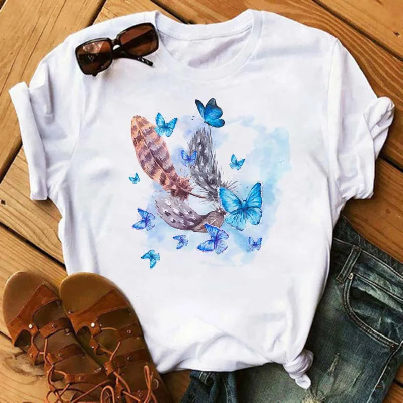 Feather Print round Neck Short Sleeve T-Shirt Women's Simple Street Style Top Polyester Fabric Comfortable Fit Summer Trend