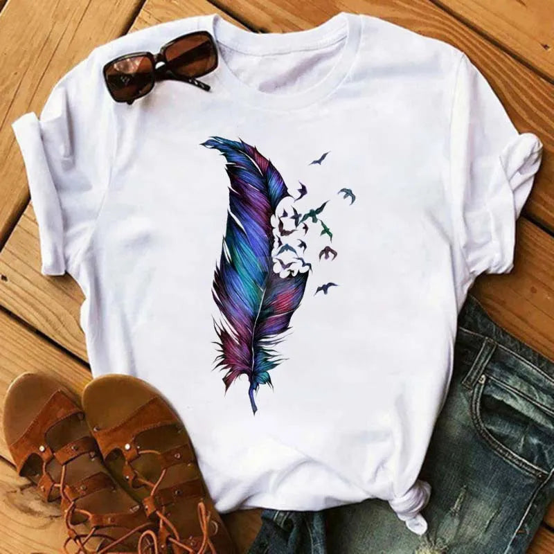 Feather Print round Neck Short Sleeve T-Shirt Women's Simple Street Style Top Polyester Fabric Comfortable Fit Summer Trend
