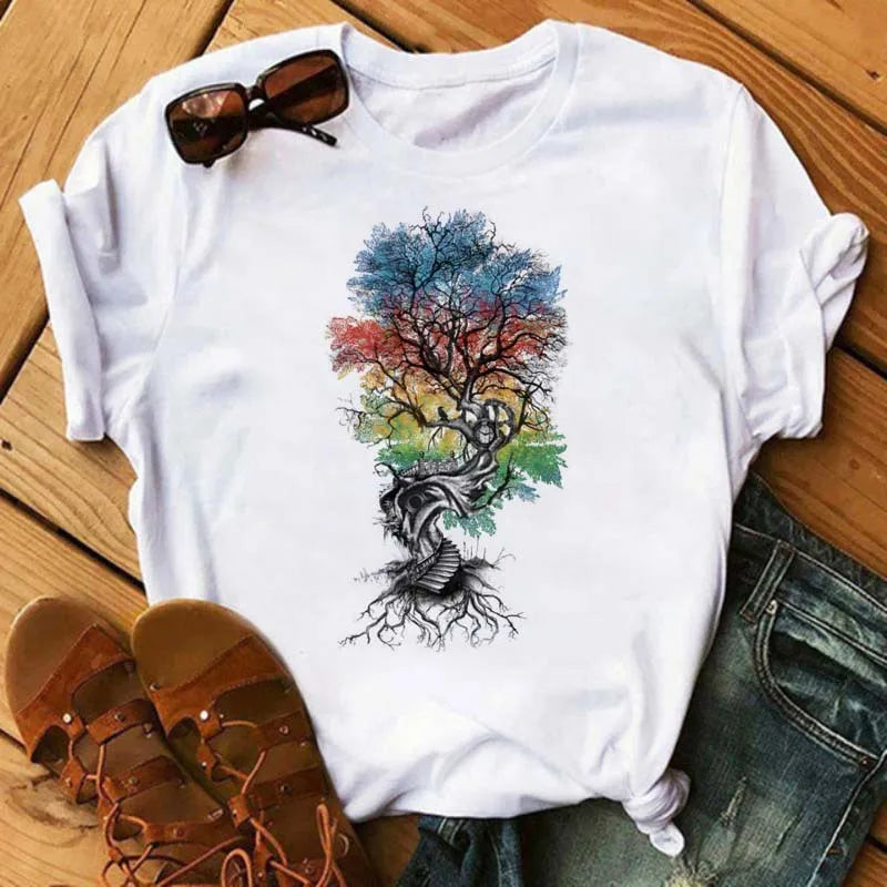 Feather Print round Neck Short Sleeve T-Shirt Women's Simple Street Style Top Polyester Fabric Comfortable Fit Summer Trend