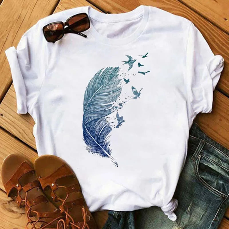 Feather Print round Neck Short Sleeve T-Shirt Women's Simple Street Style Top Polyester Fabric Comfortable Fit Summer Trend