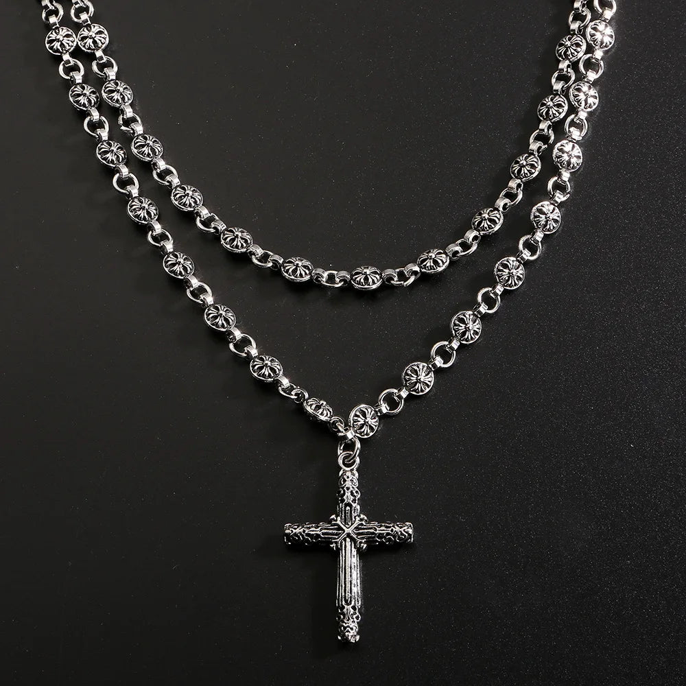 Layered Gothic Cross Necklace – Silver