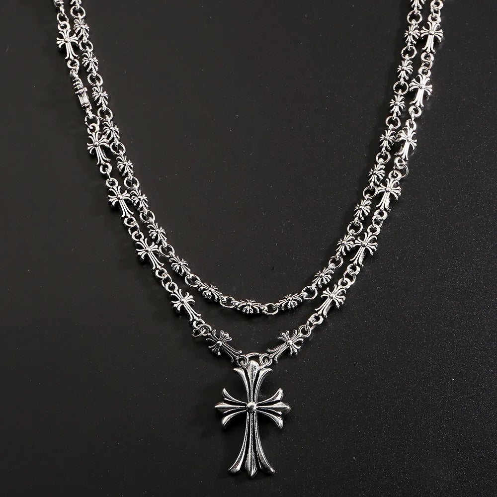 Layered Gothic Cross Necklace – Silver