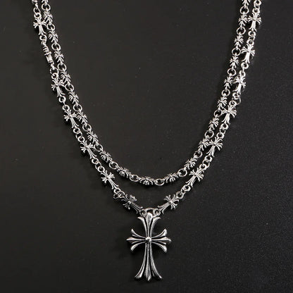 Layered Gothic Cross Necklace – Silver