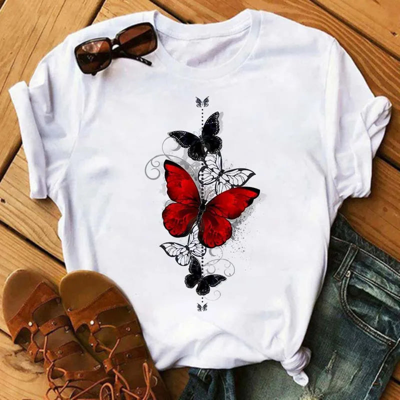 Feather Print round Neck Short Sleeve T-Shirt Women's Simple Street Style Top Polyester Fabric Comfortable Fit Summer Trend