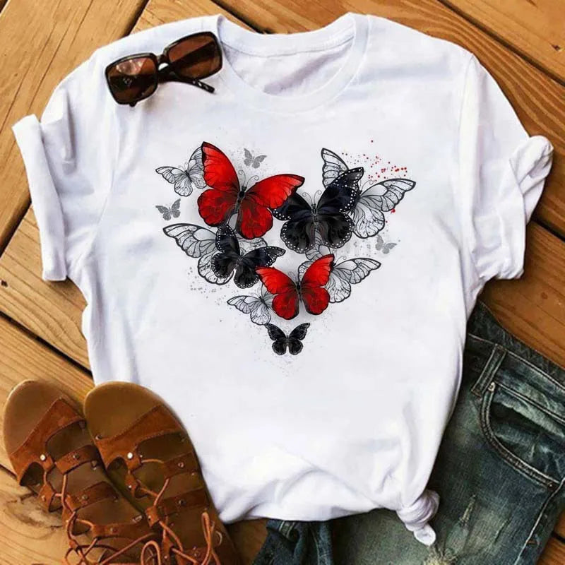 Feather Print round Neck Short Sleeve T-Shirt Women's Simple Street Style Top Polyester Fabric Comfortable Fit Summer Trend