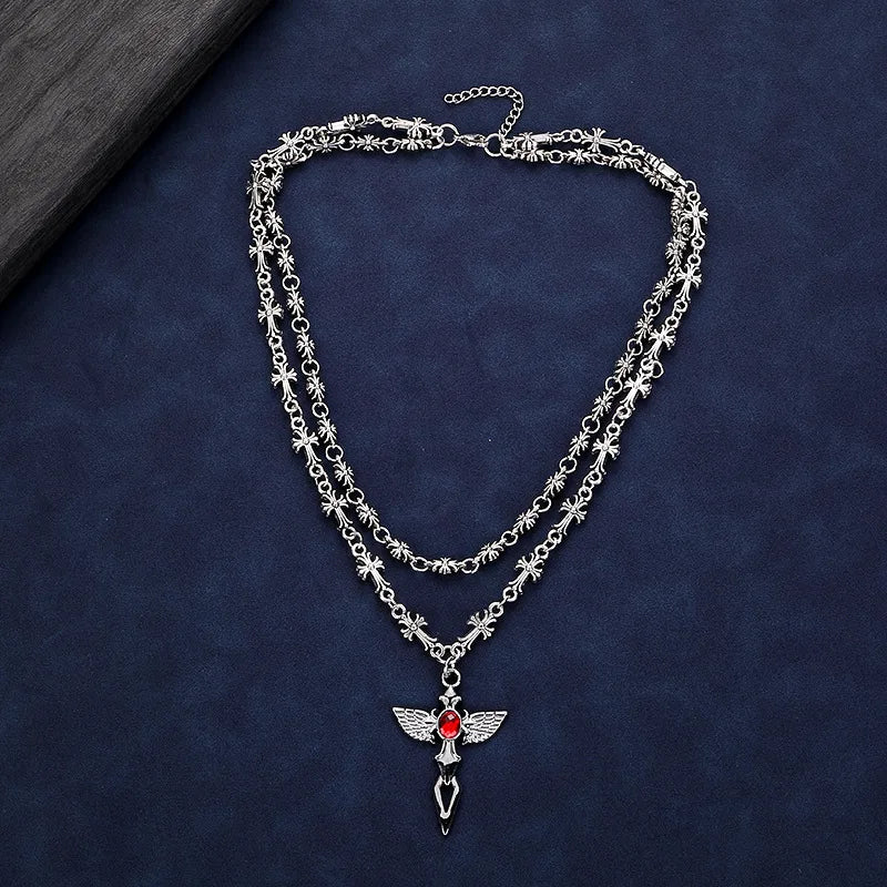 Layered Gothic Cross Necklace – Silver