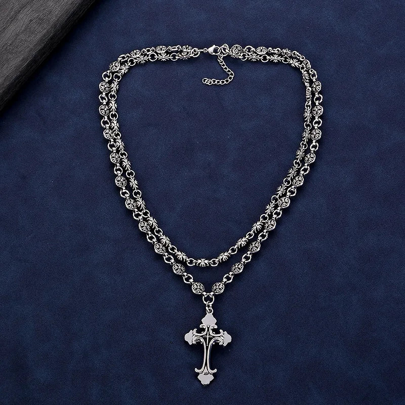 Layered Gothic Cross Necklace – Silver