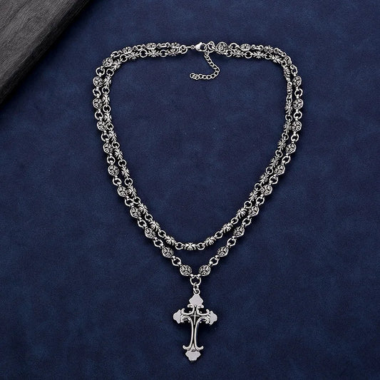 Layered Gothic Cross Necklace – Silver