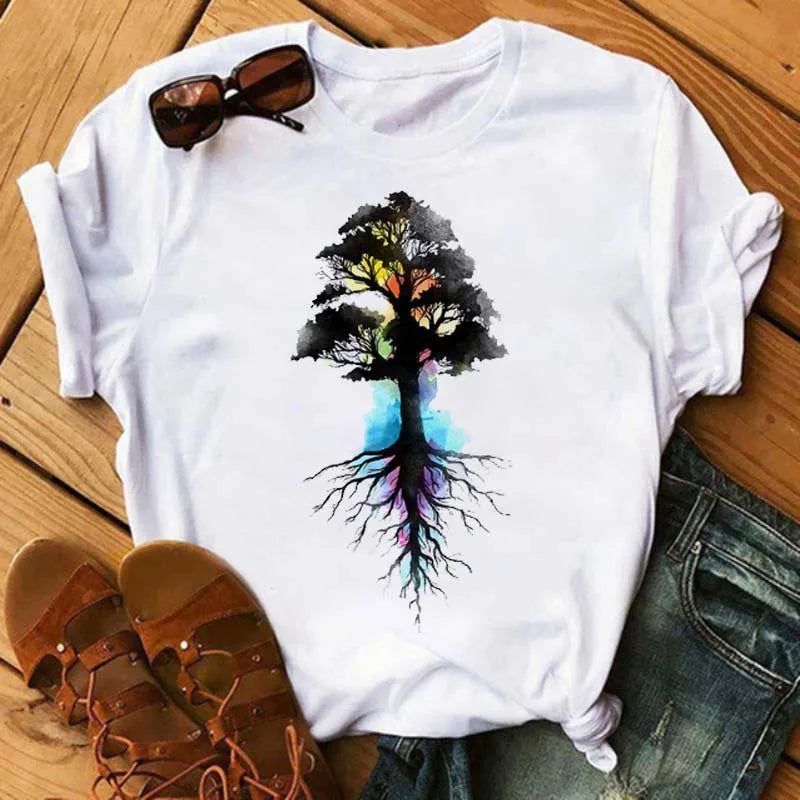 Feather Print round Neck Short Sleeve T-Shirt Women's Simple Street Style Top Polyester Fabric Comfortable Fit Summer Trend
