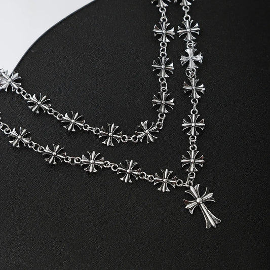 European and American double-layer stacked punk style fashionable hip-hop cross non fading necklace