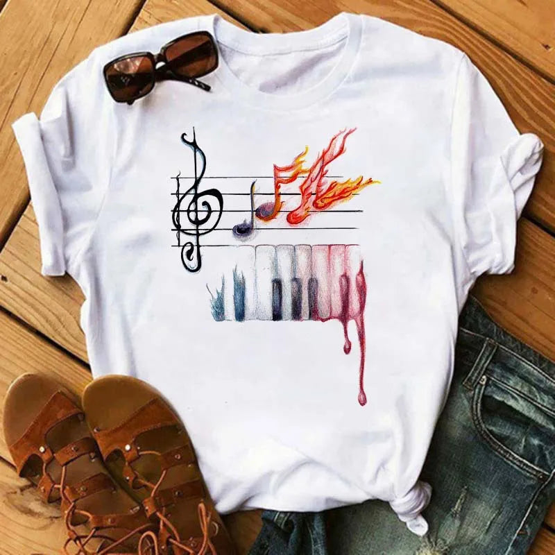 Feather Print round Neck Short Sleeve T-Shirt Women's Simple Street Style Top Polyester Fabric Comfortable Fit Summer Trend