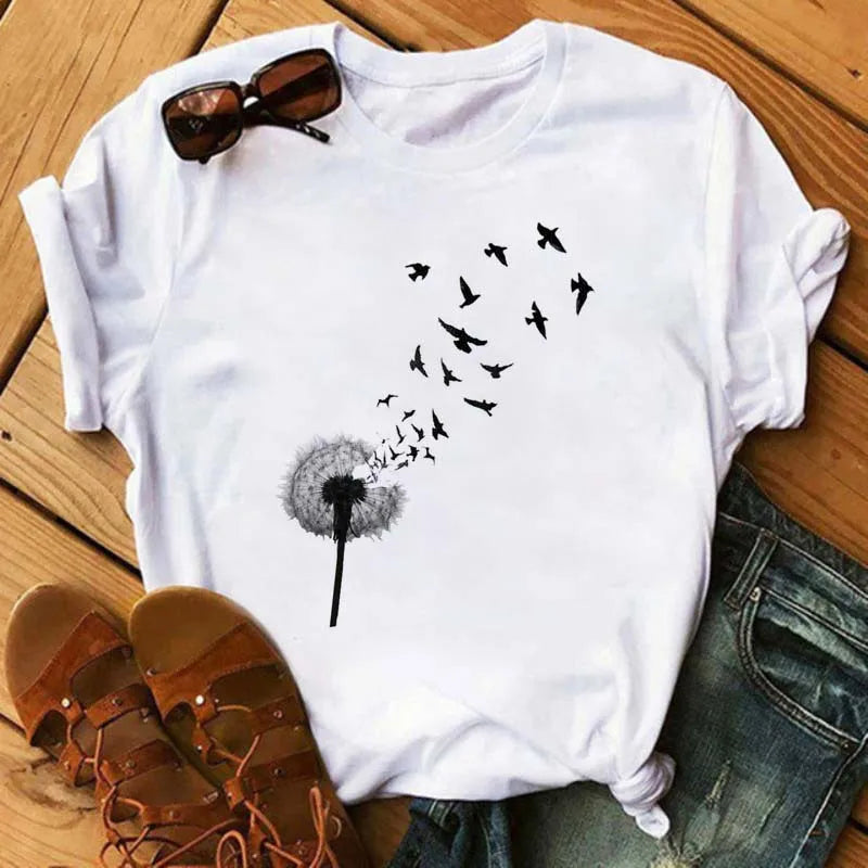 Feather Print round Neck Short Sleeve T-Shirt Women's Simple Street Style Top Polyester Fabric Comfortable Fit Summer Trend