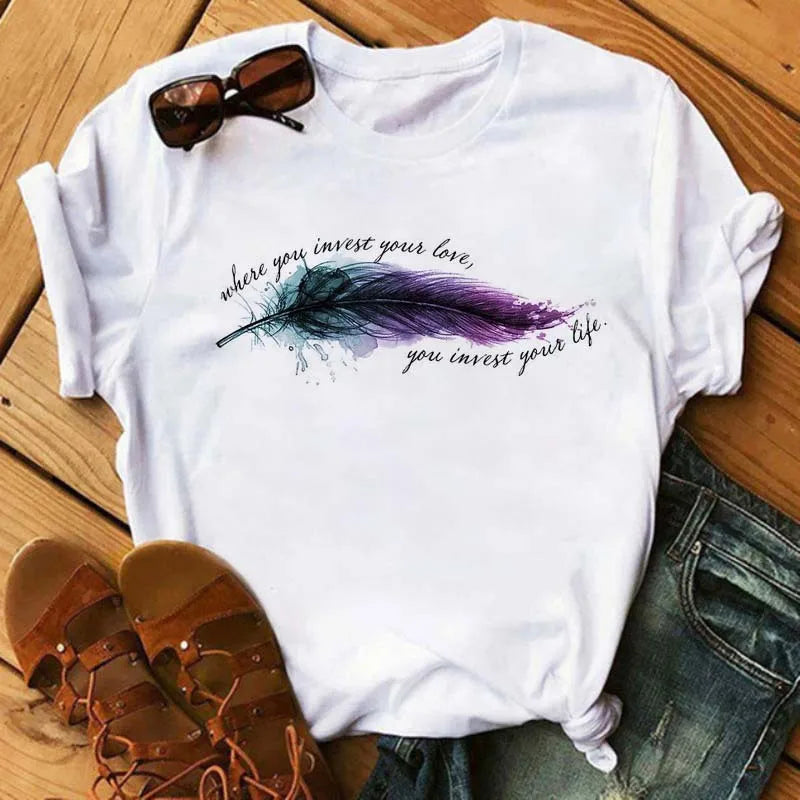 Feather Print round Neck Short Sleeve T-Shirt Women's Simple Street Style Top Polyester Fabric Comfortable Fit Summer Trend