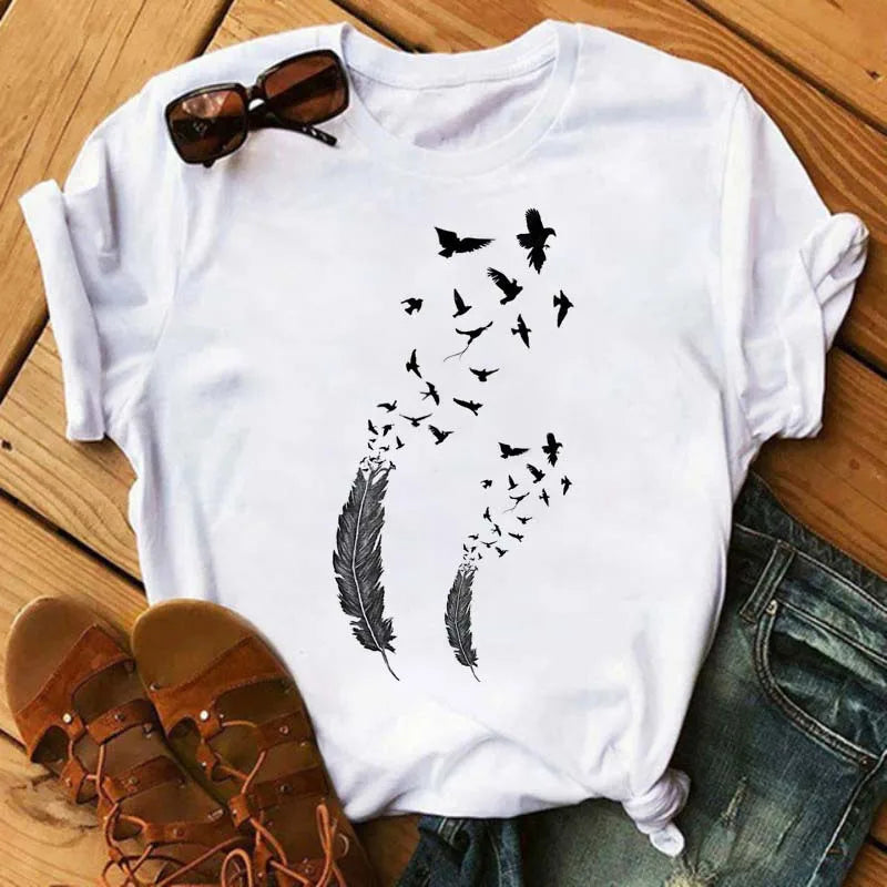 Feather Print round Neck Short Sleeve T-Shirt Women's Simple Street Style Top Polyester Fabric Comfortable Fit Summer Trend