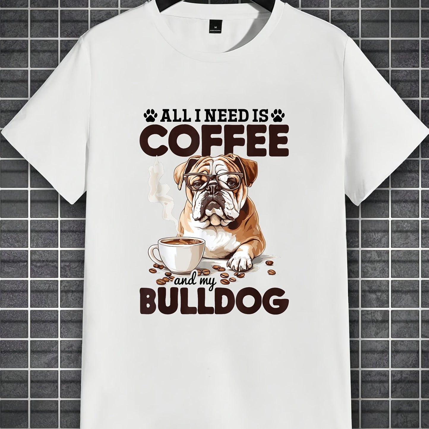 English Bulldog "All I Need Is Coffee & My Bulldog" Graphic T-Shirt - 100% Cotton Regular Fit Short Sleeve Tee for Men & Women, Casual Streetwear with 3D Print, Machine Washable, Great Gift for Dog & Coffee Lovers, Dog Tshirt